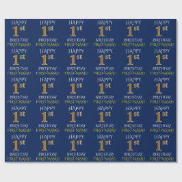 Blauw, Faux Gold "HAPPY 1st BIRTHDAY" Cadeaupapier