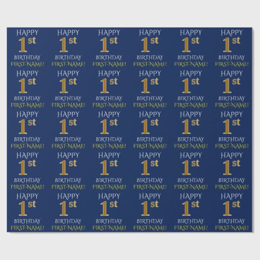 Blauw, Faux Gold "HAPPY 1st BIRTHDAY" Cadeaupapier (Vlak)