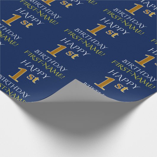 Blauw, Faux Gold "HAPPY 1st BIRTHDAY" Cadeaupapier (Hoek)
