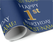 Blauw, Faux Gold "HAPPY 1st BIRTHDAY" Cadeaupapier (Rol Hoek)