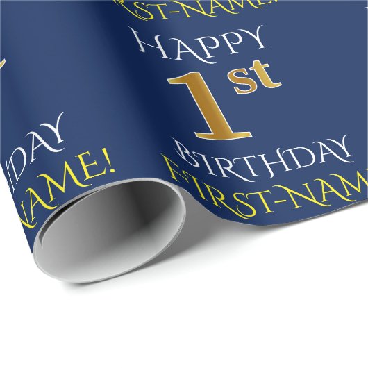 Blauw, Faux Gold "HAPPY 1st BIRTHDAY" Cadeaupapier (Rol Hoek)