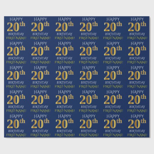 Blauw, Faux Gold "HAPPY 20th BIRTHDAY" Cadeaupapier (Vlak)