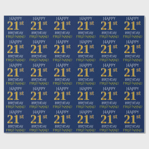 Blauw, Faux Gold "HAPPY 21st BIRTHDAY" Cadeaupapier