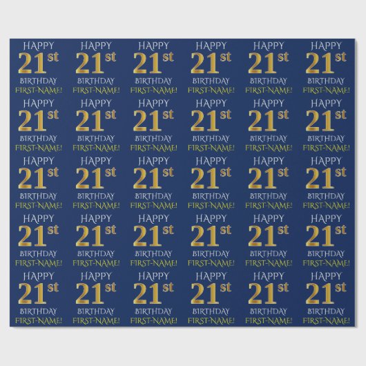 Blauw, Faux Gold "HAPPY 21st BIRTHDAY" Cadeaupapier (Vlak)