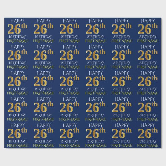Blauw, Faux Gold "HAPPY 26th BIRTHDAY" Cadeaupapier (Vlak)