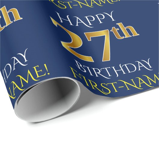 Blauw, Faux Gold "HAPPY 27th BIRTHDAY" Cadeaupapier (Rol Hoek)