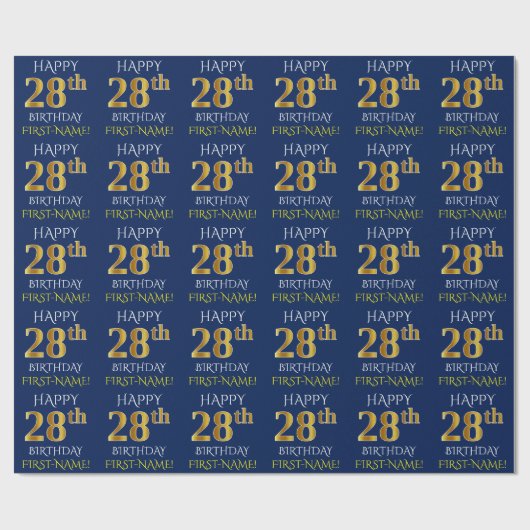Blauw, Faux Gold "HAPPY 28th BIRTHDAY" Cadeaupapier (Vlak)