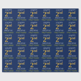 Blauw, Faux Gold "HAPPY 2nd BIRTHDAY" Cadeaupapier