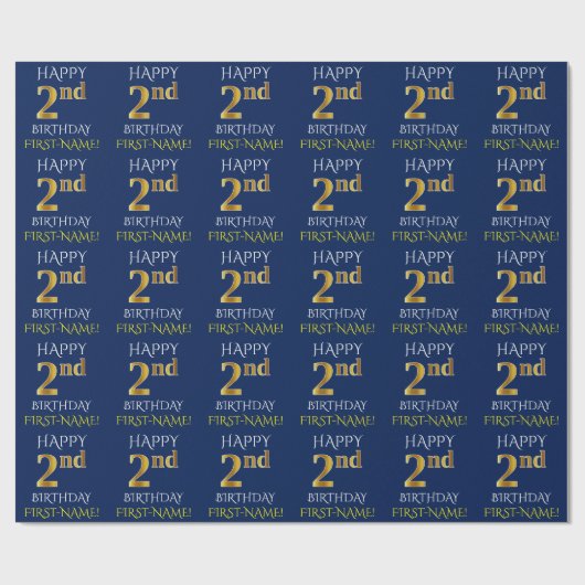 Blauw, Faux Gold "HAPPY 2nd BIRTHDAY" Cadeaupapier (Vlak)