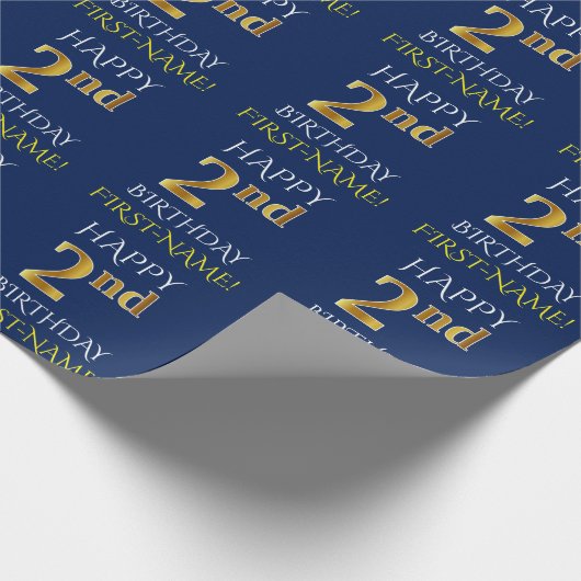 Blauw, Faux Gold "HAPPY 2nd BIRTHDAY" Cadeaupapier (Hoek)