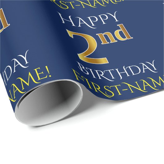 Blauw, Faux Gold "HAPPY 2nd BIRTHDAY" Cadeaupapier (Rol Hoek)