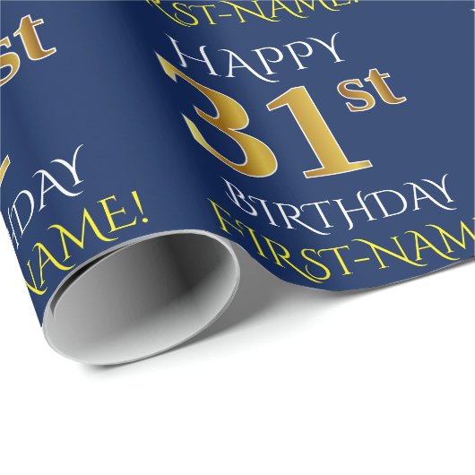 Blauw, Faux Gold "HAPPY 31st BIRTHDAY" Cadeaupapier (Rol Hoek)