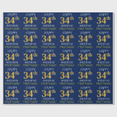 Blauw, Faux Gold "HAPPY 34th BIRTHDAY" Cadeaupapier (Vlak)