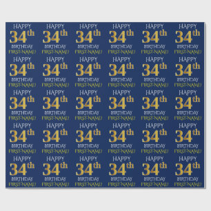Blauw, Faux Gold "HAPPY 34th BIRTHDAY" Cadeaupapier