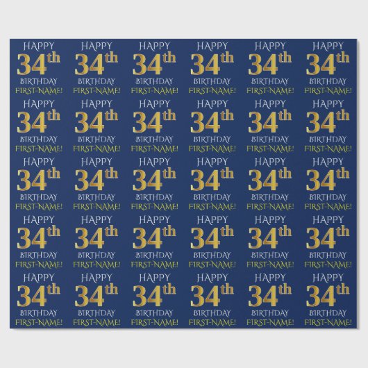 Blauw, Faux Gold "HAPPY 34th BIRTHDAY" Cadeaupapier (Vlak)