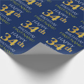 Blauw, Faux Gold "HAPPY 34th BIRTHDAY" Cadeaupapier (Hoek)