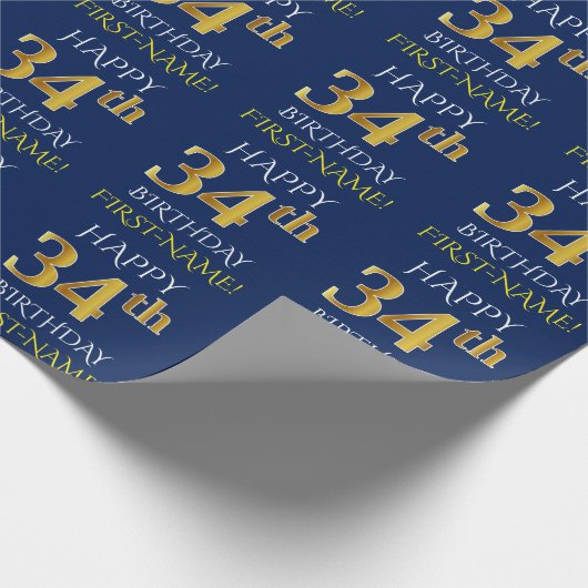 Blauw, Faux Gold "HAPPY 34th BIRTHDAY" Cadeaupapier (Hoek)