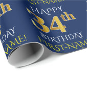 Blauw, Faux Gold "HAPPY 34th BIRTHDAY" Cadeaupapier (Rol Hoek)