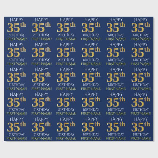 Blauw, Faux Gold "HAPPY 35th BIRTHDAY" Cadeaupapier (Vlak)