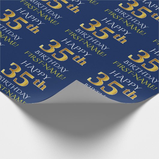 Blauw, Faux Gold "HAPPY 35th BIRTHDAY" Cadeaupapier (Hoek)