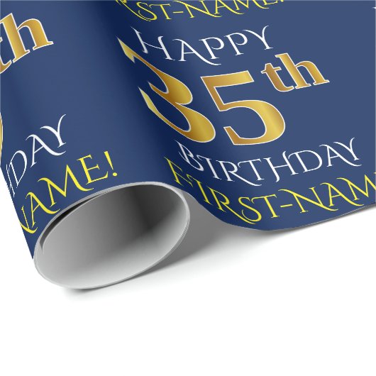 Blauw, Faux Gold "HAPPY 35th BIRTHDAY" Cadeaupapier (Rol Hoek)