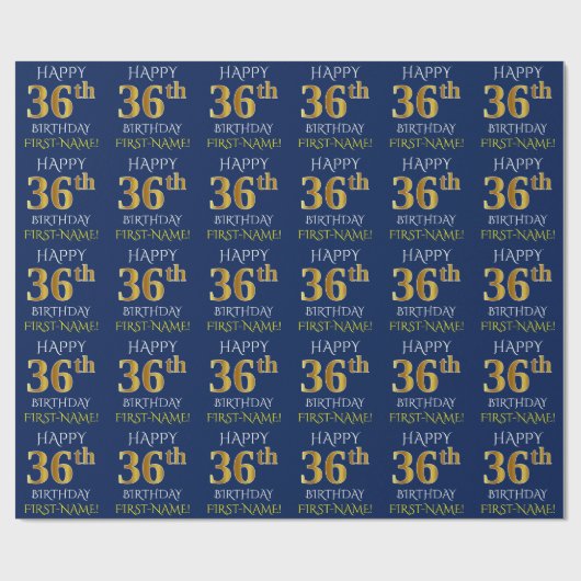 Blauw, Faux Gold "HAPPY 36th BIRTHDAY" Cadeaupapier (Vlak)