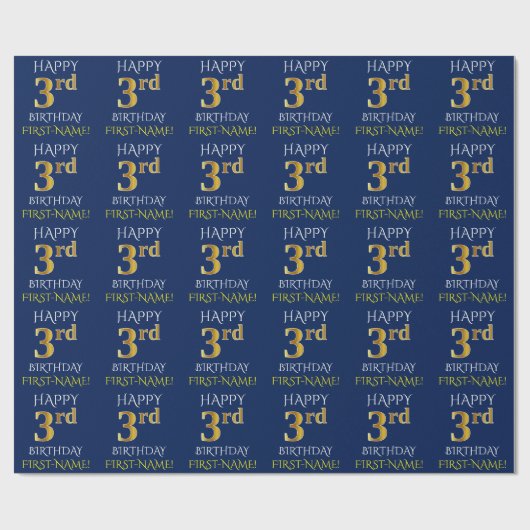 Blauw, Faux Gold "HAPPY 3rd BIRTHDAY" Cadeaupapier (Vlak)