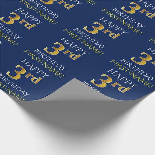 Blauw, Faux Gold "HAPPY 3rd BIRTHDAY" Cadeaupapier (Hoek)
