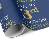 Blauw, Faux Gold "HAPPY 3rd BIRTHDAY" Cadeaupapier (Rol Hoek)
