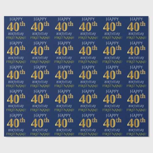 Blauw, Faux Gold "HAPPY 40th BIRTHDAY" Cadeaupapier (Vlak)