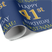 Blauw, Faux Gold "HAPPY 41st BIRTHDAY" Cadeaupapier (Rol Hoek)
