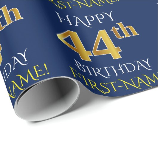 Blauw, Faux Gold "HAPPY 44th BIRTHDAY" Cadeaupapier (Rol Hoek)