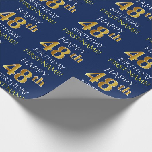 Blauw, Faux Gold "HAPPY 48th BIRTHDAY" Cadeaupapier (Hoek)