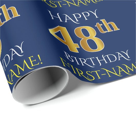 Blauw, Faux Gold "HAPPY 48th BIRTHDAY" Cadeaupapier (Rol Hoek)