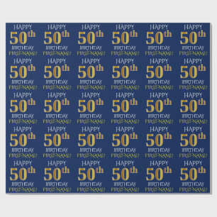 Blauw, Faux Gold "HAPPY 50th BIRTHDAY" Cadeaupapier