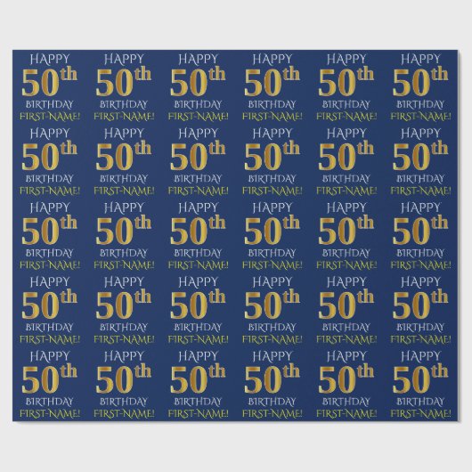 Blauw, Faux Gold "HAPPY 50th BIRTHDAY" Cadeaupapier (Vlak)