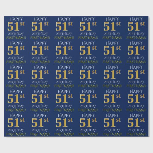 Blauw, Faux Gold "HAPPY 51st BIRTHDAY" Cadeaupapier (Vlak)