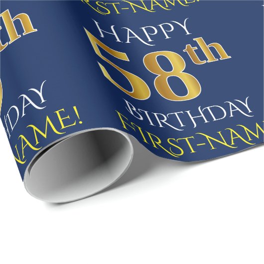 Blauw, Faux Gold "HAPPY 58th BIRTHDAY" Cadeaupapier (Rol Hoek)