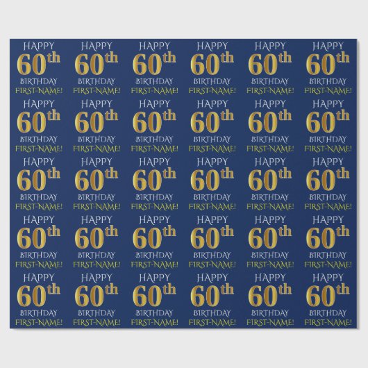 Blauw, Faux Gold "HAPPY 60th BIRTHDAY" Cadeaupapier (Vlak)