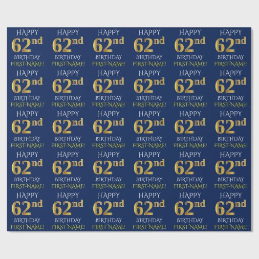 Blauw, Faux Gold "HAPPY 62nd BIRTHDAY" Cadeaupapier (Vlak)