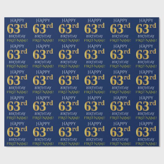 Blauw, Faux Gold "HAPPY 63rd BIRTHDAY" Cadeaupapier (Vlak)