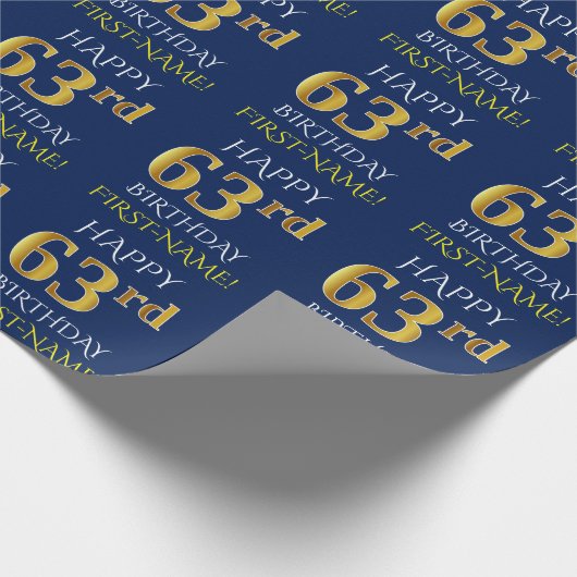 Blauw, Faux Gold "HAPPY 63rd BIRTHDAY" Cadeaupapier (Hoek)