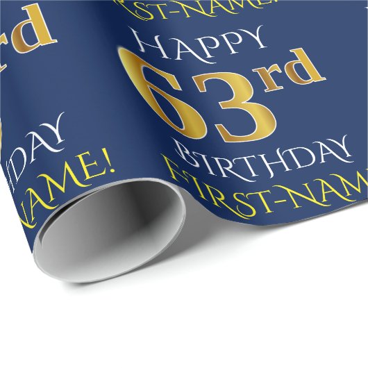 Blauw, Faux Gold "HAPPY 63rd BIRTHDAY" Cadeaupapier (Rol Hoek)