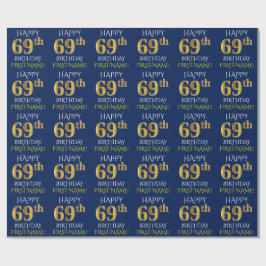 Blauw, Faux Gold "HAPPY 69th BIRTHDAY" Cadeaupapier