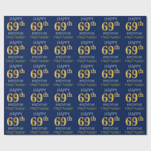 Blauw, Faux Gold "HAPPY 69th BIRTHDAY" Cadeaupapier (Vlak)