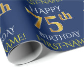 Blauw, Faux Gold "HAPPY 75th BIRTHDAY" Cadeaupapier (Rol Hoek)