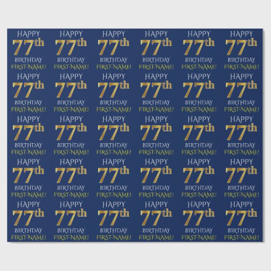 Blauw, Faux Gold "HAPPY 77th BIRTHDAY" Cadeaupapier (Vlak)