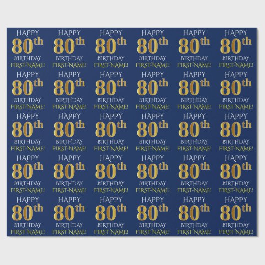Blauw, Faux Gold "HAPPY 80th BIRTHDAY" Cadeaupapier (Vlak)
