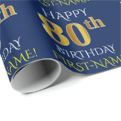 Blauw, Faux Gold "HAPPY 80th BIRTHDAY" Cadeaupapier (Rol Hoek)