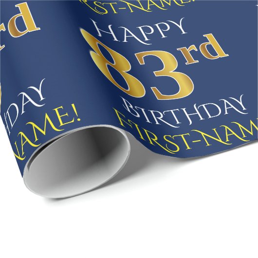 Blauw, Faux Gold "HAPPY 83rd BIRTHDAY" Cadeaupapier (Rol Hoek)